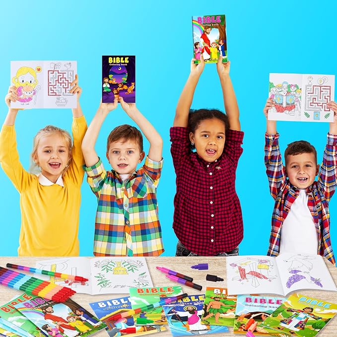 BenLouis 12 Christian Mini Coloring Books Kids with 12 Stacking Crayons Bible Verse Religious Party Favors Small Activity Books Bulk for Kids Sunday School Christmas Party Gift Goodie Bag Stuffers