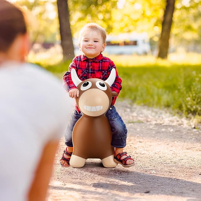 ZOOJOY Bouncy Animal Hopping Toys, Inflatable Brown Bouncy Hopper for Toddles, Outdoor Indoor Bouncing and Riding Bull Toys for Boys Girls, Birthday Gifts for 18 Months 2 3 4 5 6 Yrs w/Pump
