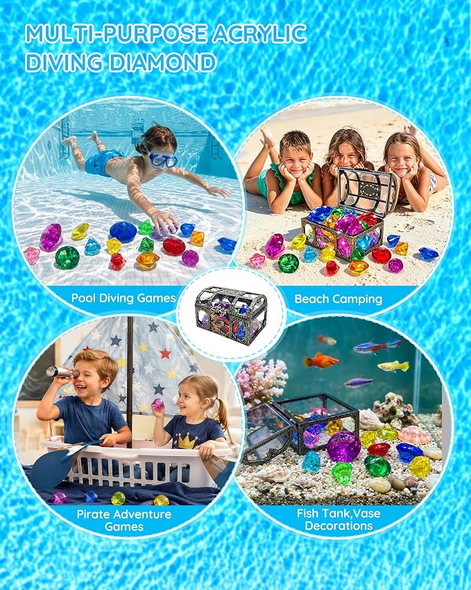 Swim Diving Games Pool Toys 17PCS Big Colorful Diamond Toy with Treasure Box Chest Summer Underwater Gemstone Outdoor Water Accessories for Kid Age 5 6 7 8 9 10 11 12 Year Old Girl Boy Stuff Fun Gift