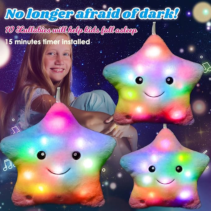 13" Musical Rainbow Star Plush Pillow Glowing Twinkle Night Light Stuffed Animal LED Toys Adjustable Volume Birthday for Girls Boys