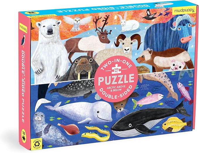 Mudpuppy Arctic Above & Below 100 Piece Double-Sided Puzzle, 100 Pieces, 22β x 16.5β β Perfect Family Puzzle for Ages 6+ β Colorful Illustrations of Land Animals and Ocean Life
