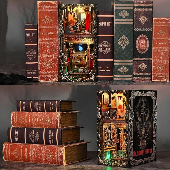 Creepy Book Nook Kit, DIY Miniature Dollhouse Halloween 3D Puzzle,Horror Scary 3D Wooden Puzzle Bookend Bookshelf Insert Decor with LED Light,Bloody Hotel