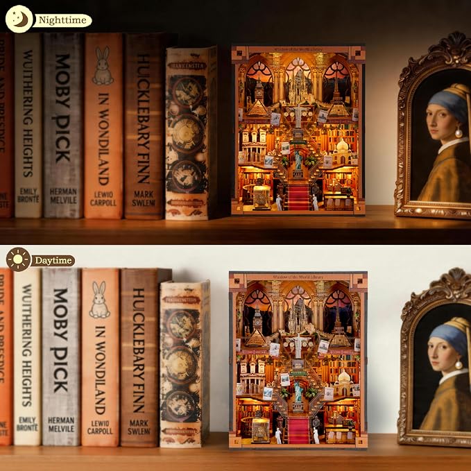 Book Nook Library kit - DIY Miniature House Kit for Adults & Teens, Dollhouse Booknook Bookshelf Insert Decor with LED Light, Unique Gift for Family, Friends(Window of the World)