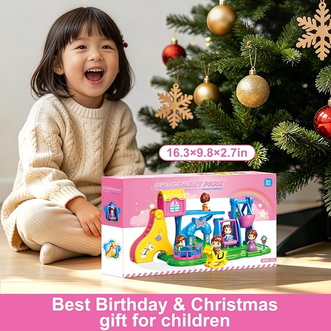 XDUOYJOY Doll House Playground Playset with 4 Toy Figures, Slide, Swing, Rocking Horse, Pirate Ship, Dollhouse & Doll Accessories Pretend Play Fun for Kids Ages 3+