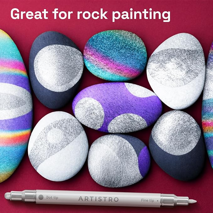 ARTISTRO 24 Silver Dual-Tip Acrylic Paint Markers – Paint Pens Set with Dot & Fine Tips for Fabric, Rock, Glass, Wood, Coloring Books – Arts & Crafts Gift – Classroom Must Haves & School Supplies
