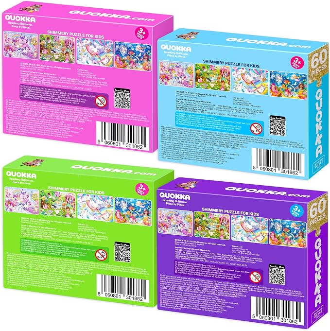 QUOKKA Puzzles for Kids Ages 4-6 - Set of 4x60 Jigsaw Puzzles for Toddlers 3-5 - Glitter Unicorn Princess Animals Toys for Children 6-8 yo - Gift Educational Game for Boys & Girls