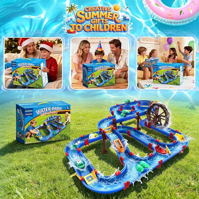 TERRAMUS 2-Tier Water Table Toys with Watermill for Kids, Upgraded Large 115PCS Water Park Playset, Summer Toys DIY Waterways for Backyard Beach Pool Lawn,Outdoor Toy for 3-5 4-8, Gifts for Boys Girls