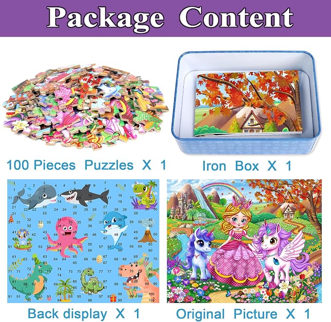 MZZOTOY Princess and Unicorns Puzzles for Kids Ages 4-8, 100 Pieces Jigsaw Puzzles for Kids Ages 3-5 Puzzle for Girls and Boys Learning Educational Puzzles Toys in a Metal Box