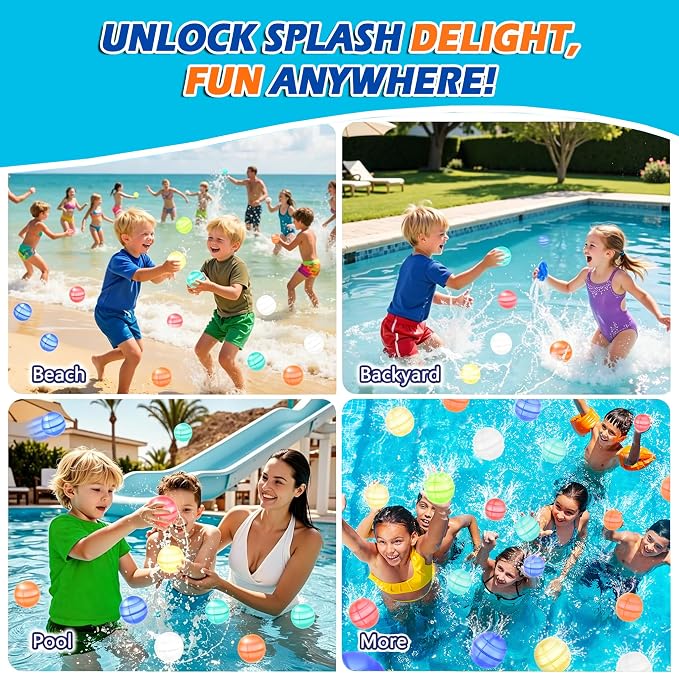 Reusable Water Balloons for Kids, 12 Pack Magnet-Free Safety Self Sealing Water Balls, Quick Fill Silicone Splatter Balls with Mesh Bag, Eco-Friendly Outdoor Summer Toys for Pool Backyard Beach