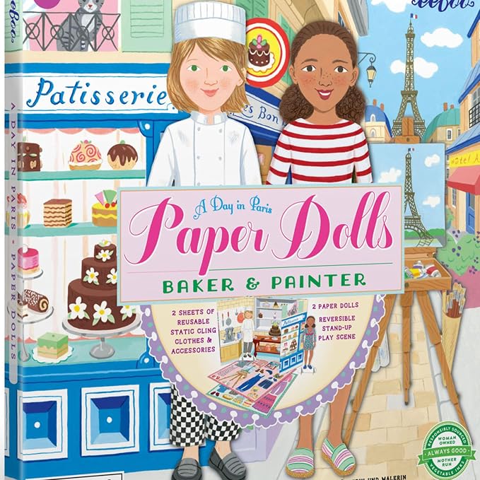eeBoo Baker and Painter Paper Dolls Set - Reusable Dress-Up Play with Stand-Up Scene, Travel-Friendly Screen-Free Fun for Kids Ages 5 and up