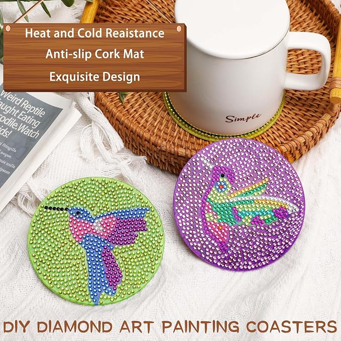 UPINS DIY Kit, Diamond Art Painting Coasters with Holder, 8 Pcs Hummingbird Butterfly Coaster Craft Supplies for Adults Kids Beginners