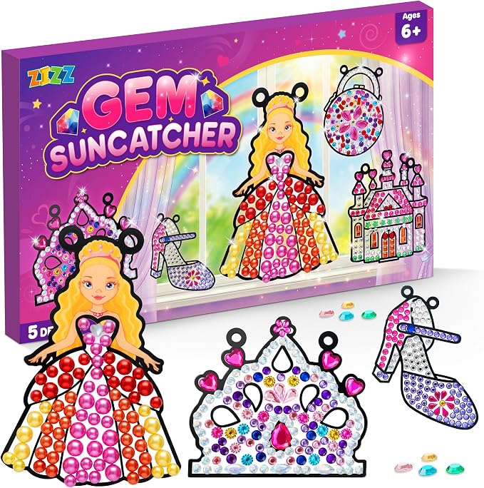 Princess Diamond Art Kits for Kids: 5PCS Big Gem Window Art Suncatcher Birthday Gifts Kit for Girls Ages 4 5 6 7 8 9 10 - DIY Creative Kids' Mosaic Kits Diamond Art Crafts Toys