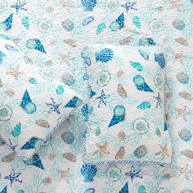 Great Bay Home Coastal Quilt Set - 3-Piece Full/Queen Size Nautical Bedding Set - Lightweight, All-Season, Reversible Coral-Printed Bedspread (Blue Coral)