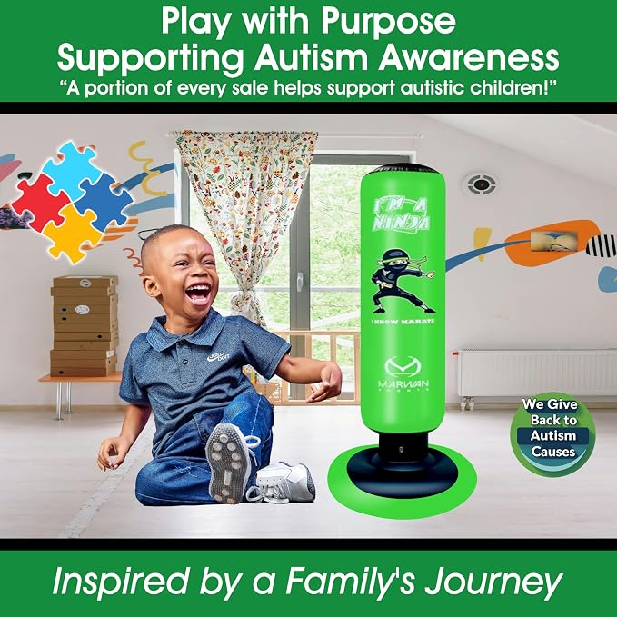 Marwan Sports Ninja Kids Punching Bag β Inflatable Sensory Toy & Birthday Gift for Boys & Girls Ages 4-12, 63" Freestanding 5-in-1 Kit, Indoor Apartment-Quiet Sensory-Friendly Active Play