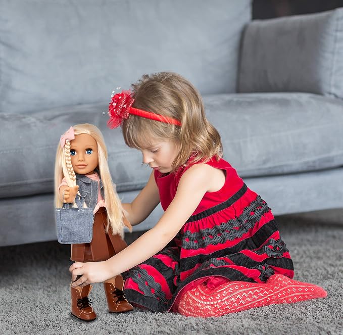 Gift Boutique 18 Inch Girl Doll, Fashion Doll with Fine Blonde Long Hair for Styling, Blue Eyes, Leather Boots, Denim Jacket Hair Bow Handbag, Clothes and Accessories Princess Doll for Kids