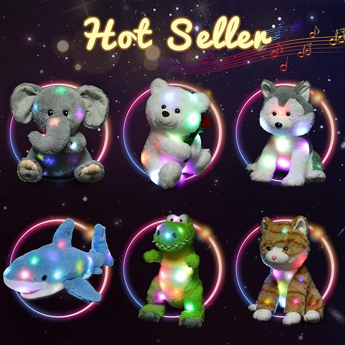 Hopearl LED Musical T-Rex Stuffed Dinosaur Lighting Up Singing Plush Toy Adjustable Volume Lullaby Animated Soothe Birthday Festival for Kids Toddler Girls, Green, 12.5''