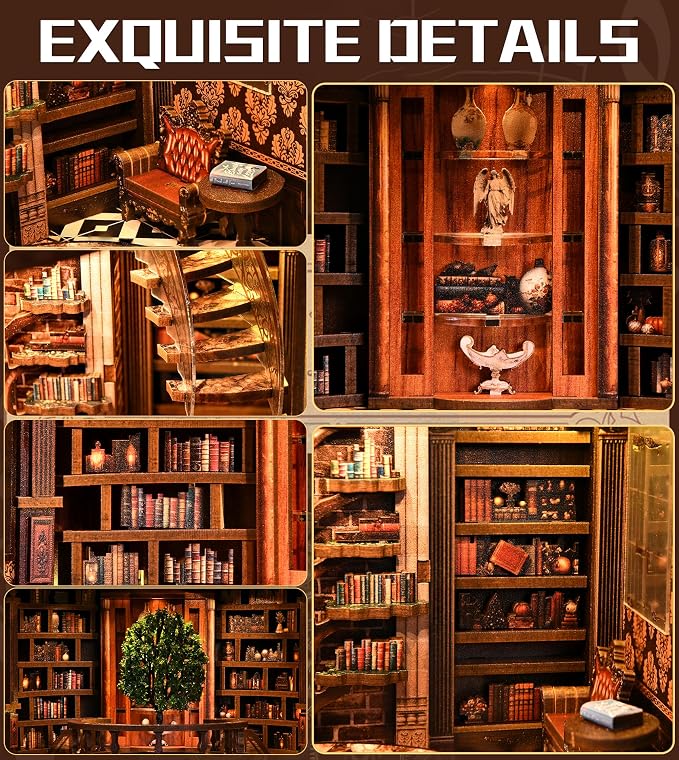Roroom DIY Miniature House Kit, Wisdom Rings Book Repository Book Nook Kit with LED Light,3D Wooden Puzzle Miniature Dollhouse Kit for Bookshelf Decor-Creative Gift for Family and Friends