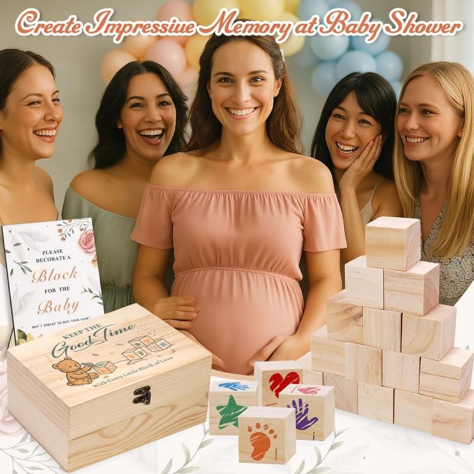 78 PCS Shower Games Sign Kit for Boys Girls, Wooden Box and Sign, Blank Wooden Blocks for DIY Drawing, Markers, Shower Game for Gender Reveal Activity, Shower Ideas Decorations, Bear D