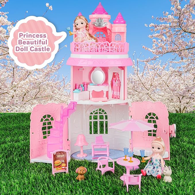 deAO Doll House for Girls Portable Playset Dollhouse Castle Kids Pretend Play with 2 Doll Toy Figures,Living Room,Bedroom,Balcony & Accessories for 3 to 7 Year Olds Kids (Pink)