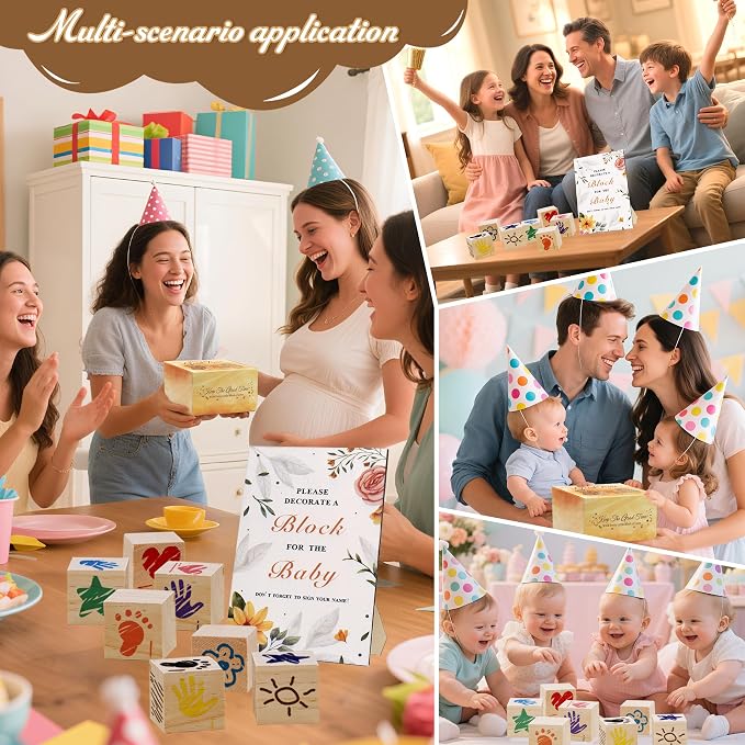 95 PCS Shower Games Sign Kit for Boys Girls, 1 Wooden Game Sign, 52 Blank Wooden Blocks for DIY Drawing, 24 Markers, 18 Stencils, Shower Game for Gender Reveal Activity Decorations