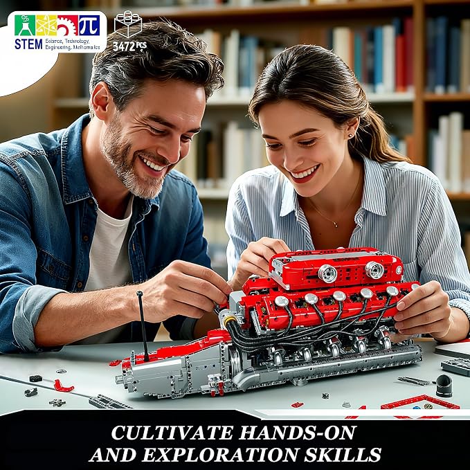 Mould King V12 Engine Model Kit that Runs - Motorized Mini Engines Building Blocks Set with Battery & Gearshift, Car Construction STEM Toy for Adults, DIY Mechanic Engineering Kit (3472+ PCS)