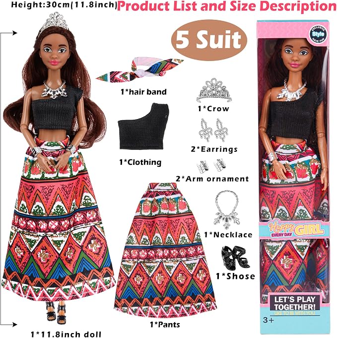 dollbie 6 Pack African American Fashion Dolls Set with Mix & Match Outfits – 11.5" Posable Black Dolls & 5 Accessories Each (Crown, Necklace, Headscarf & More) + Pink Gift Case