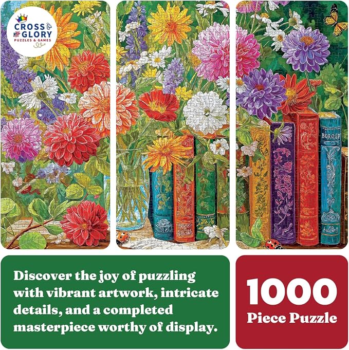 Cross & Glory | 1000 Piece Jigsaw Puzzles for Adults | Petals Between the Pages | Vintage Books & Floral Botanical Flower Puzzle | Satin Finish Flower Puzzles for Adults 1000 Pieces | Ages 14+
