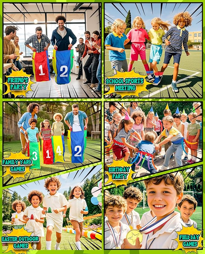 Eocolz Outdoor Carnival Games, Potato Sack Bags for Kids Adults, Egg Spoon Relay Race, 3 Legged Race Bands, Catch Tail Games, Birthday Party, Field Day Family Day Yard Lawn Easter Fall Festival Games