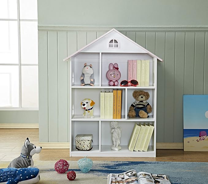Kids Dollhouse Bookshelf and Toy Storage - Wooden Stand Dollhouse Bookcase with 3-Tier Storage Display, Bookshelf for Playing Room, Nursery, Gift for Boys Girls (6 Room - Pink with White)