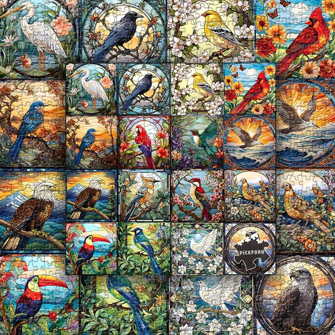 Stained Glass Puzzles for Adults 1000 Pieces, Bird Puzzles for Adults Flower with Cardinal Bird Parrot Hummingbird, Impossible Hard Challenging Jigsaw Puzzles