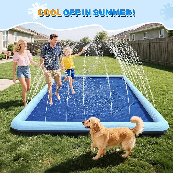 107 x 67 in Large Rectangle Splash Pad for Dogs & Kids, Non-Slip Sprinkler Pool, Extra Thick Shallow Water Play Mat for Backyard Summer Water Play, Teal
