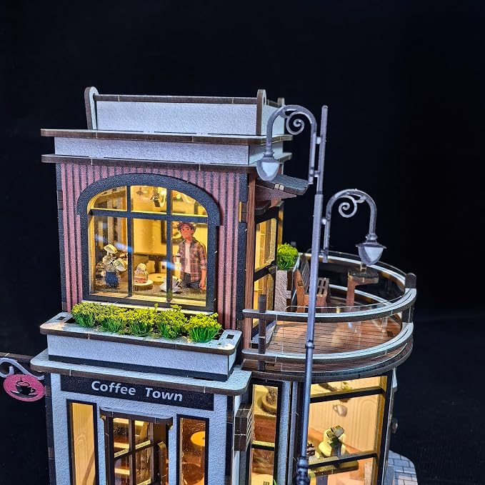 DIY Coffee Shop Book Nook Kit for Adults with LED Lights | 3D wooden puzzle, miniature dollhouse bookshelf insert and desk decor, creative craft gift for birthdays and Christmas.
