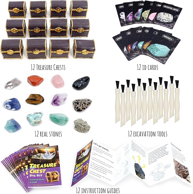 DANCING BEAR Treasure Chest Dig Kit Party Pack for 12 Kids, Excavate 12 Surprise Real Gems & Crystals, STEM Education, Fun Pirate Booty Hunt, Science Activity Gift Sets for Girls and Boys
