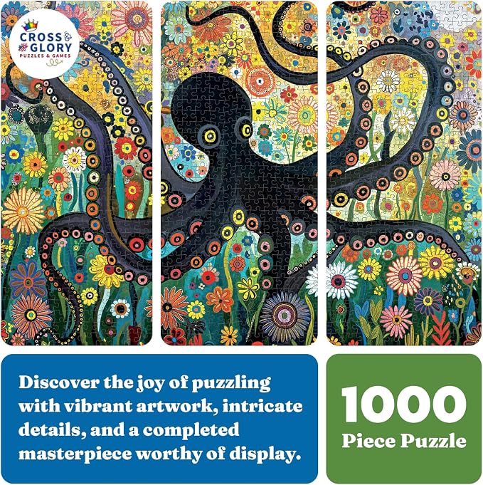 Cross & Glory - The Octopus Who Grew Flowers - 1000 Piece Jigsaw Puzzle for Adults | Vibrant Octopus and Floral Artwork | Challenging Puzzle for Adults | Eco-Friendly Materials
