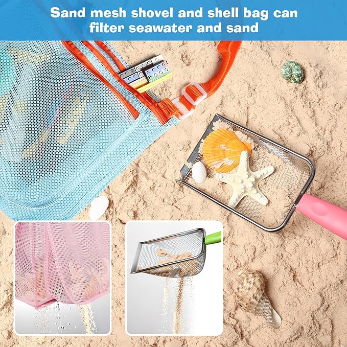 Beach Mesh Shovel with Mesh Bag for Shell Collecting,Beach Scoop Metal Shark Tooth Sifter Sand Dipper for Kids Boys Girls