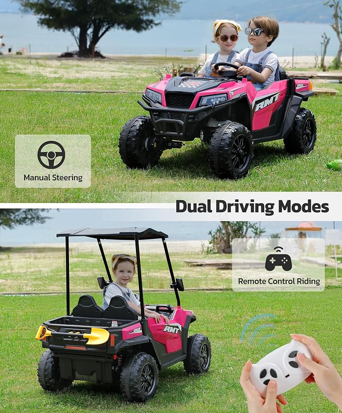 ELEMARA 24V Ride on Toy for Big Kid,Ride on Car 2 Seater w/Sun Shade,Dump Bed & Shovel,4.5MPH,4WD Electric Car for Kids,Battery Car w/Remote,Kids Ride on Truck,3 Speeds,LED Lights,Bluetooth, Hot Pink