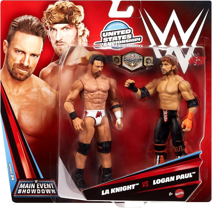 Mattel WWE Main Event Showdown Action Figures 2-Pack with Accessory, Series #24 LA Knight vs Logan Paul Collectible Set, 6-inch
