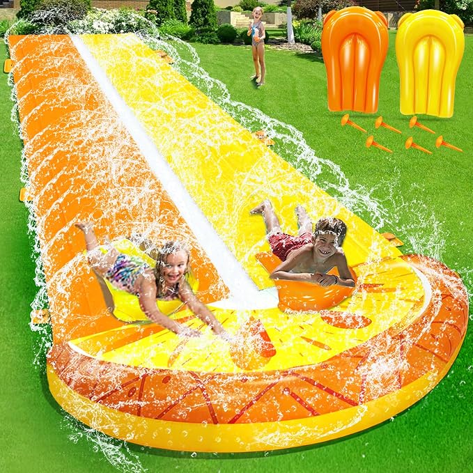 iGeeKid Pineapple 20FT Double Lawn Water Slides, Heavy Duty Water Toys Sprinkler 2 Race Lane with 2 Bodyboards for Kids Adults Backyard Outdoor Summer Beach Swimming Pool Water Game Party