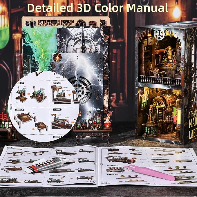 fifijoy Book Nook Kit - DIY Miniature House Dollhouse Kit for Adults and Teens, Steampunk Booknook Tiny House Bookshelf Decor 3D Wooden Puzzle (Mad Scientist Lab)