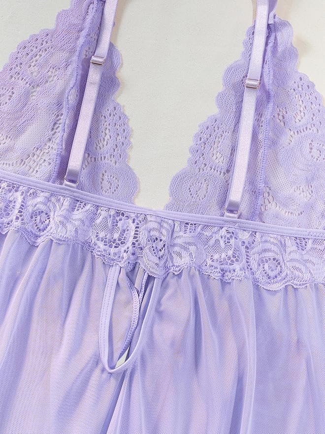 Foxiny Sexy Open Front V Neck Ruffle Sheer Mesh Lace Wireless Babydoll Lingerie Dress with Thong 2 Piece