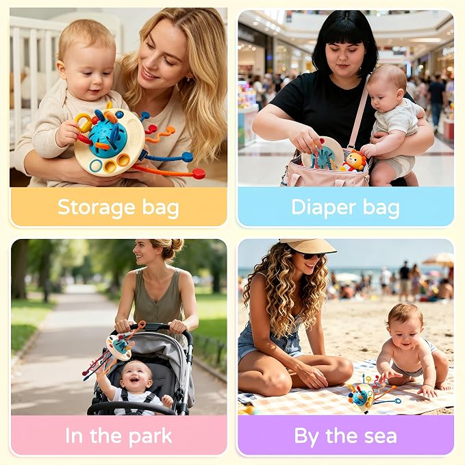Montessori Baby Toys for 12M+, UFO Sensory Play Set for Toddlers, Pull String Pull String Toy in Stollers Developmental Toys for Fine Motor Skills Gift for Boys& Girls