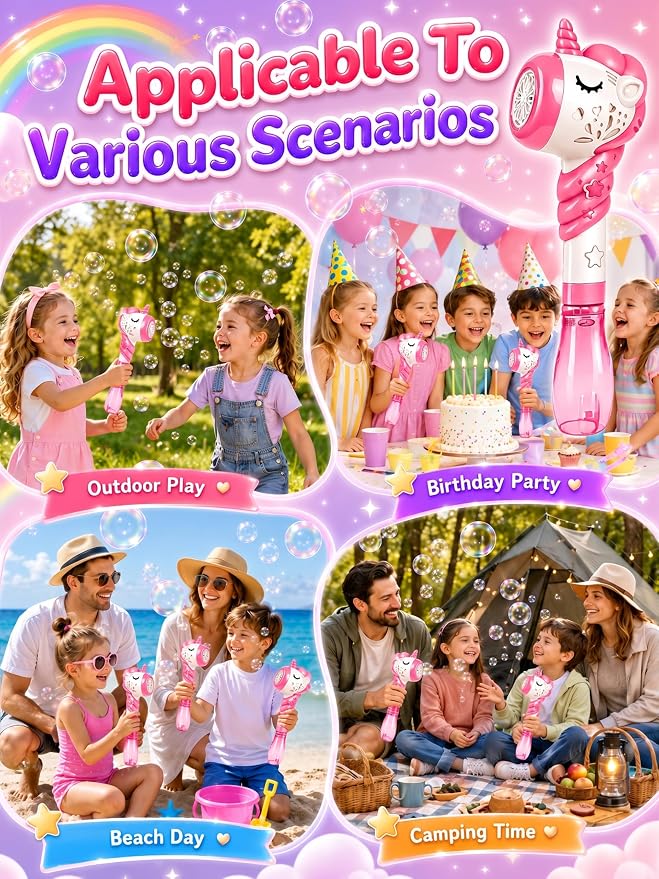 Unicorn Bubble Machine Wand Gifts for Kids Toddlers Age 1 2 3 4 5 6 7 8 Years Old Birthday Party Unique Cute Baby Outdoor Outside Summer Toy Easter Day Game for Little Girl Boy Include Solution Pink