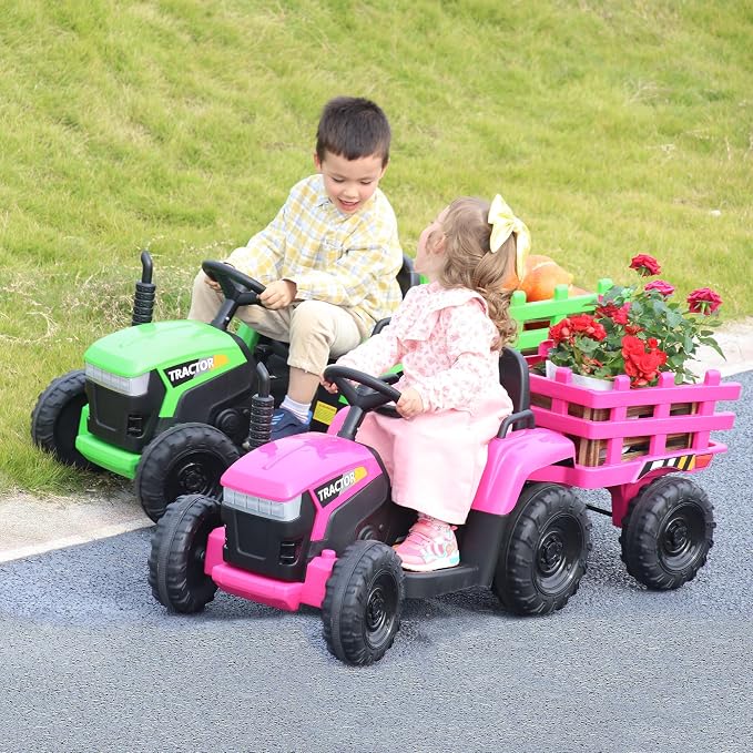 TOBBI Kids Electric Ride On Toy Tractor, Toddlers 12V Battery-Powered Car to Drive, 35W Dual Motor 6-Wheels Trailer Vehicle with 3-Speeds/LED & Horn Functions for Chirdren Aged 3-8-Pink