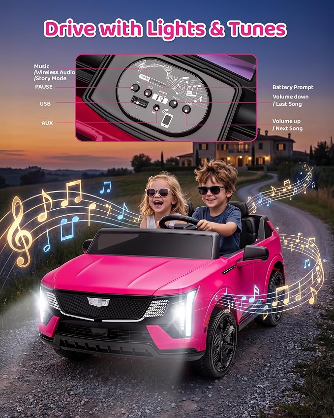 Firstness 2 Seater Ride on Car for Kids 24V Licensed Cadillac Escalade IQ Powered Wheels with Remote Control 400W Electric Ride on Toy with 3 Speed Light Music 7AH Battery Car for Kids Ages 3-8, Pink