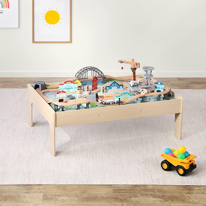 Amazon Basics 120 Piece Wooden Train Set with Activity Table, Sturdy Tracks, Storage Bin, Easy to Assemble, Kids Gift for Age 3Y+, 47.44 x 33.46 x 16.14 in