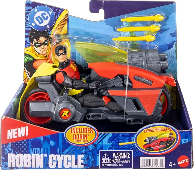 Mattel DC Premier 6.5 Inch Robin Figure & Cycle Vehicle with Projectile Launch, Exclusive Deco, Batlink Robin Cycle
