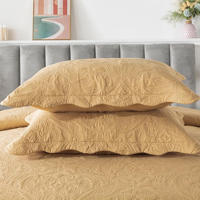 HoneiLife Queen Quilt Bedding Set - 3 Piece Microfiber Quilt Sets Lightweight Bedspreads Reversible Coverlets Retro Bed Cover Paisley Pattern Bedding Set All Season Quilts-Yellow