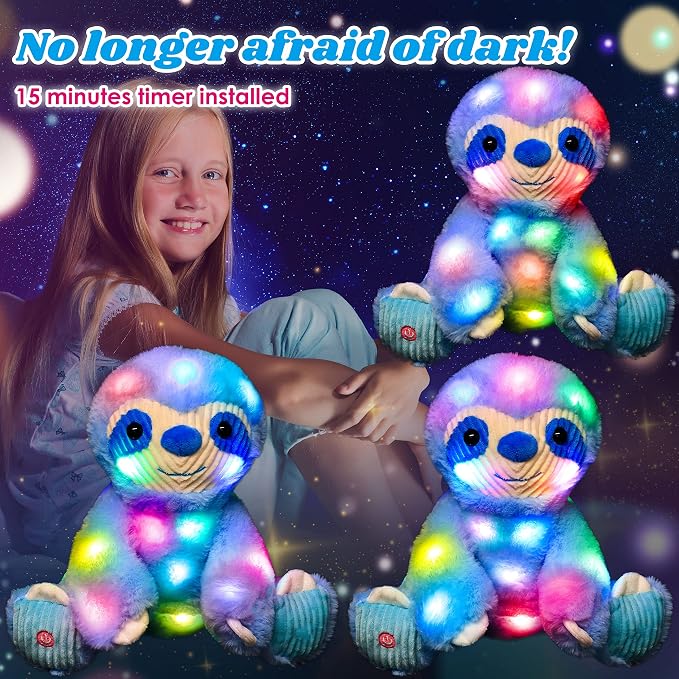Light-up Plush Blue Sloth LED Stuffed Animal Birthday Christmas Plushies Toy Gifts for Kids Toddler Girls, 10.5"