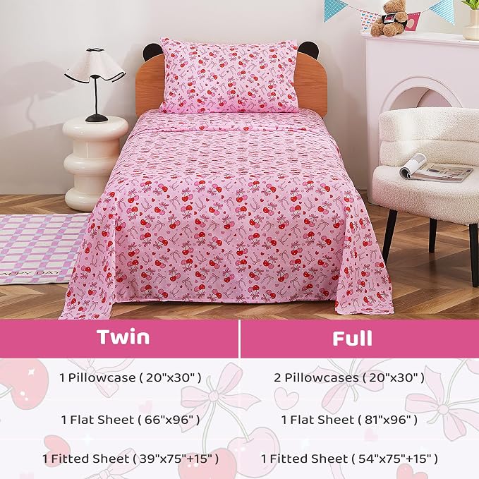 Viviland 3 Pieces Girls Bow Cherry Twin Sheet Set - Soft Microfiber Fitted Flat Sheets & Pillowcase Bed Sheet Set - Pink Bedding Sets for Kids