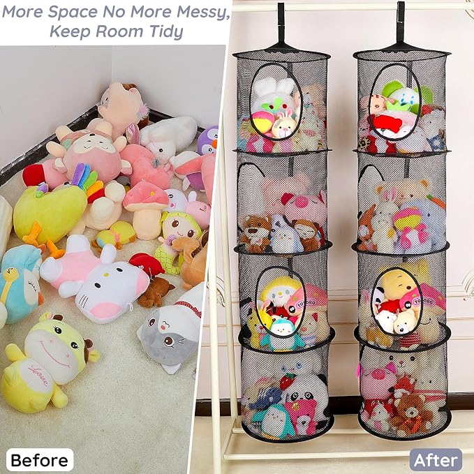 Basumee Stuffed Animals Net or Hammock 2 Pcs Stuffed Animals Storage Toy Net Hammock for Plushies Storage Organizer Mesh Kids Girls Room Decor, Black, 4 Tiers